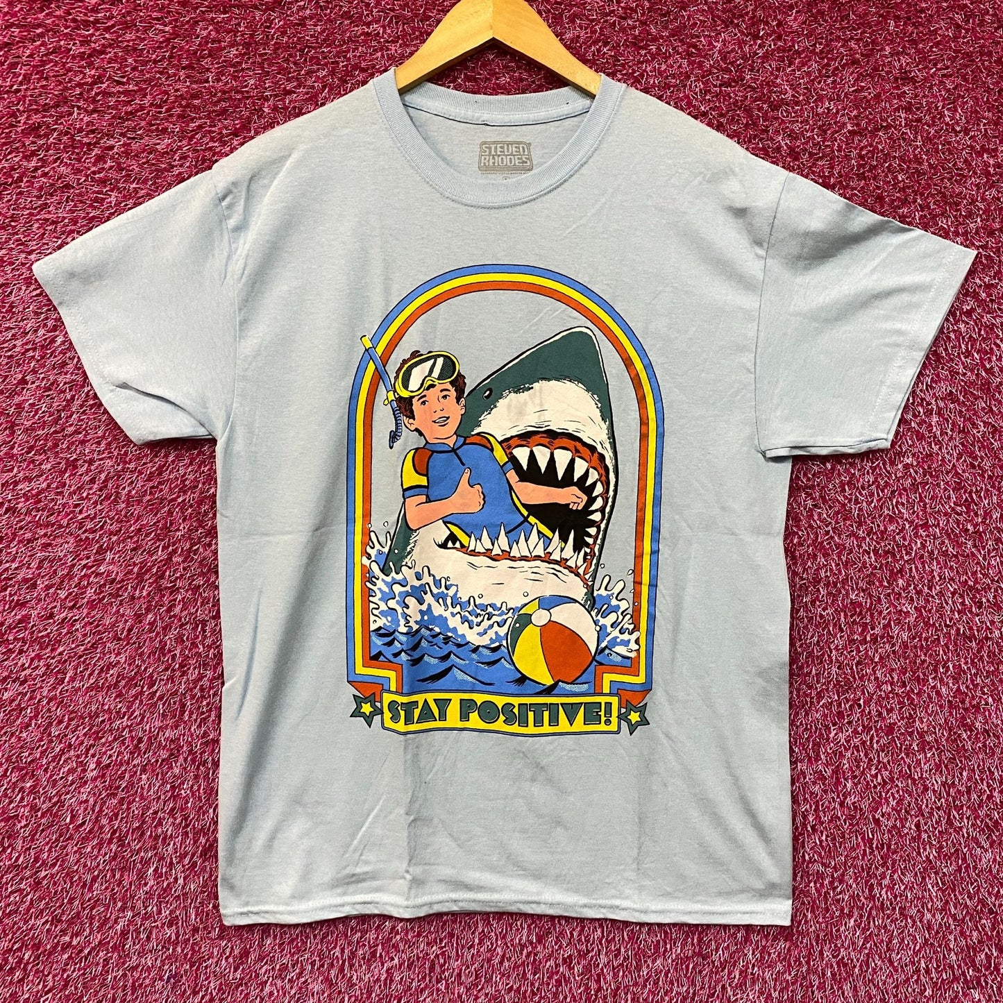 Steven Rhodes Stay Positive Shark Attack Cartoon T-Shirt L