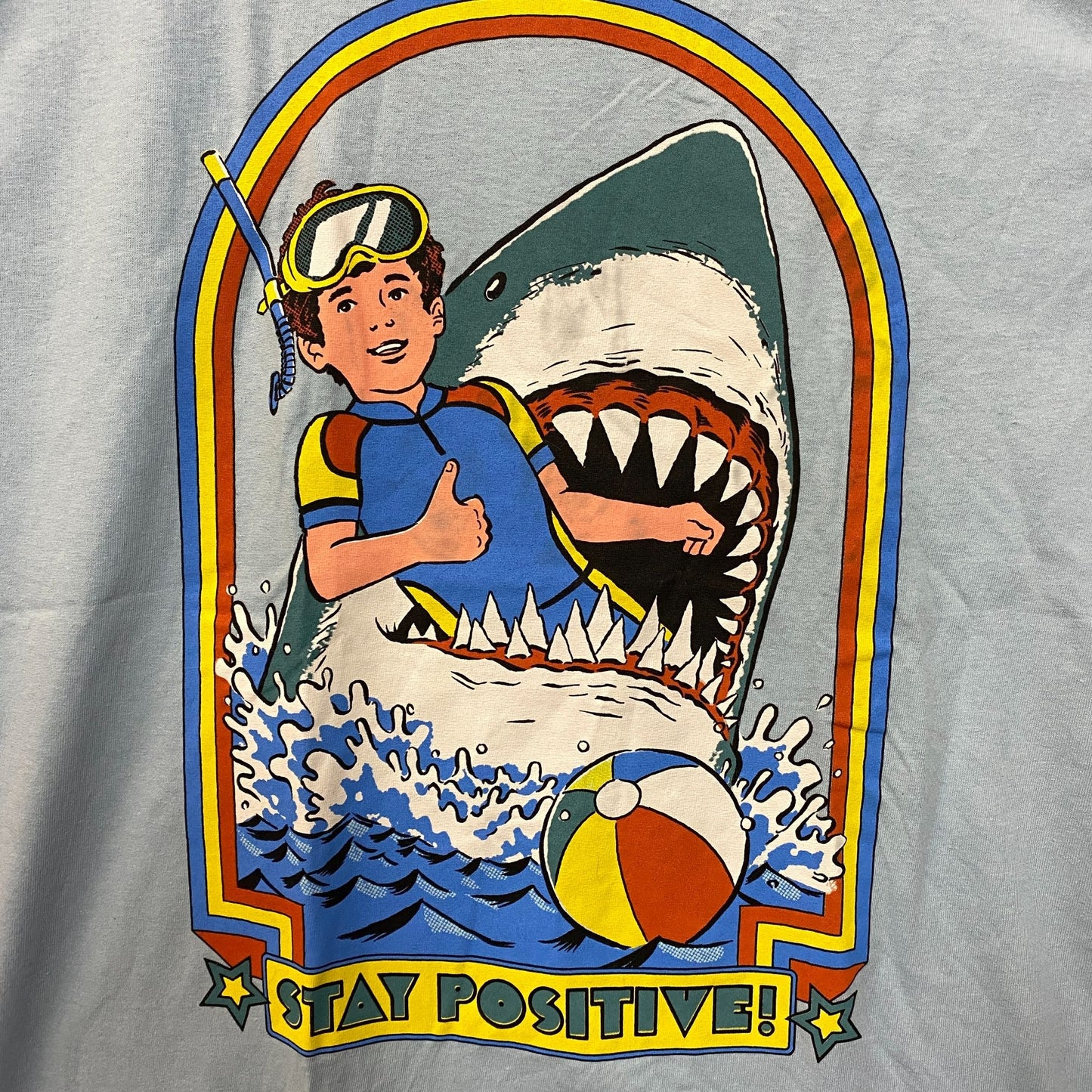 Steven Rhodes Stay Positive Shark Attack Cartoon T-Shirt L