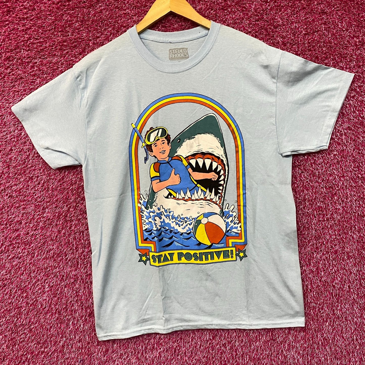 Steven Rhodes Stay Positive Shark Attack Cartoon T-Shirt L