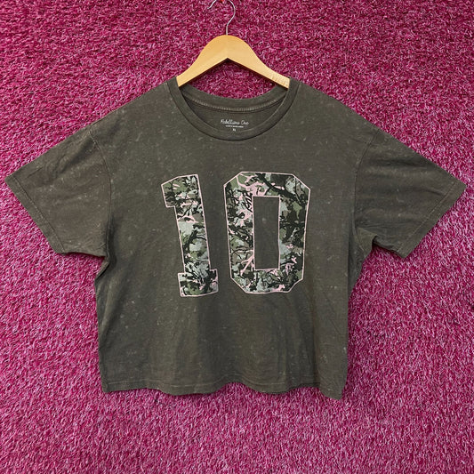 Rebellious One Grey Pink Camo Varsity Number 10 Mineral Wash Crop T-Shirt XL