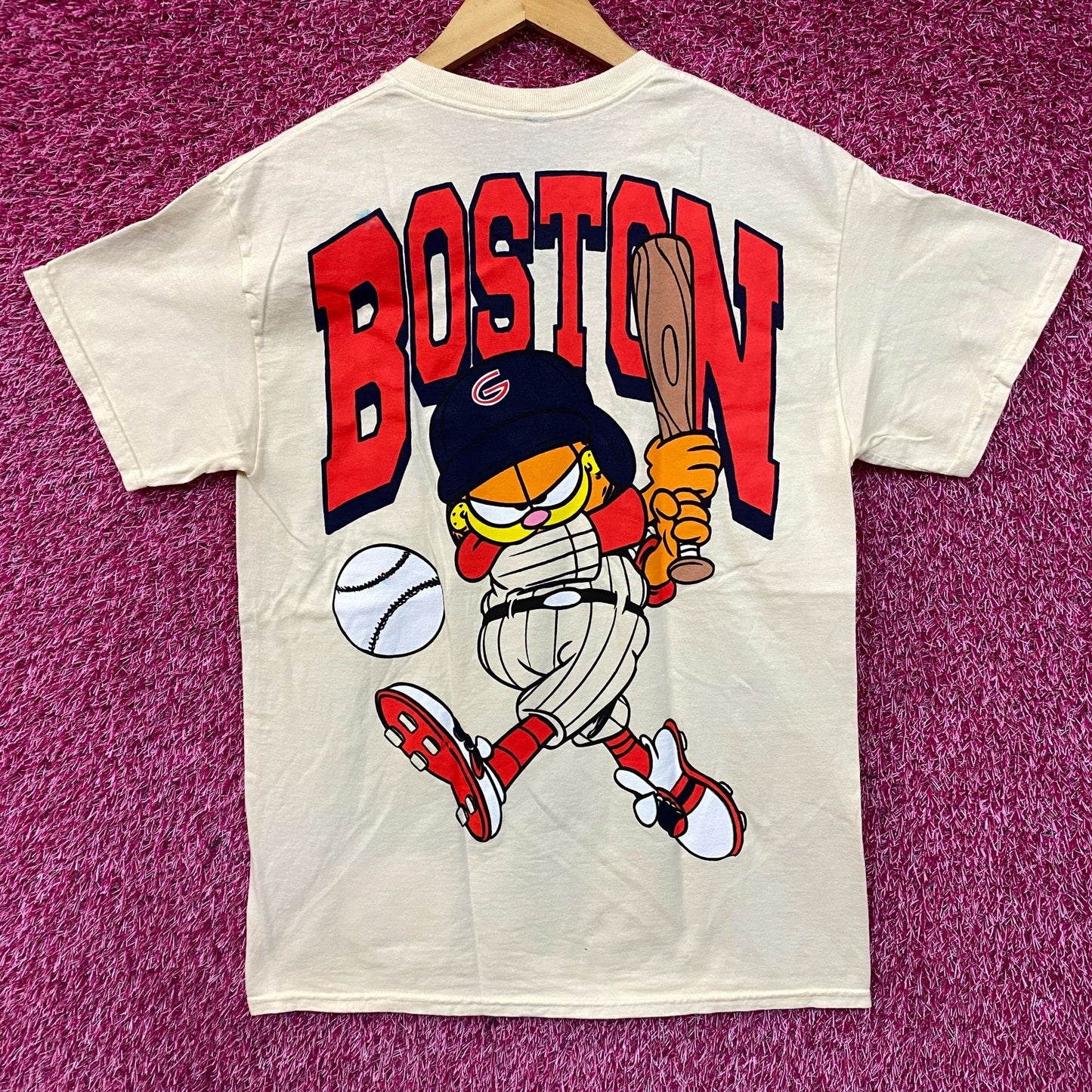 Garfield Boston Baseball Cartoon Graphic Design T-Shirt Medium