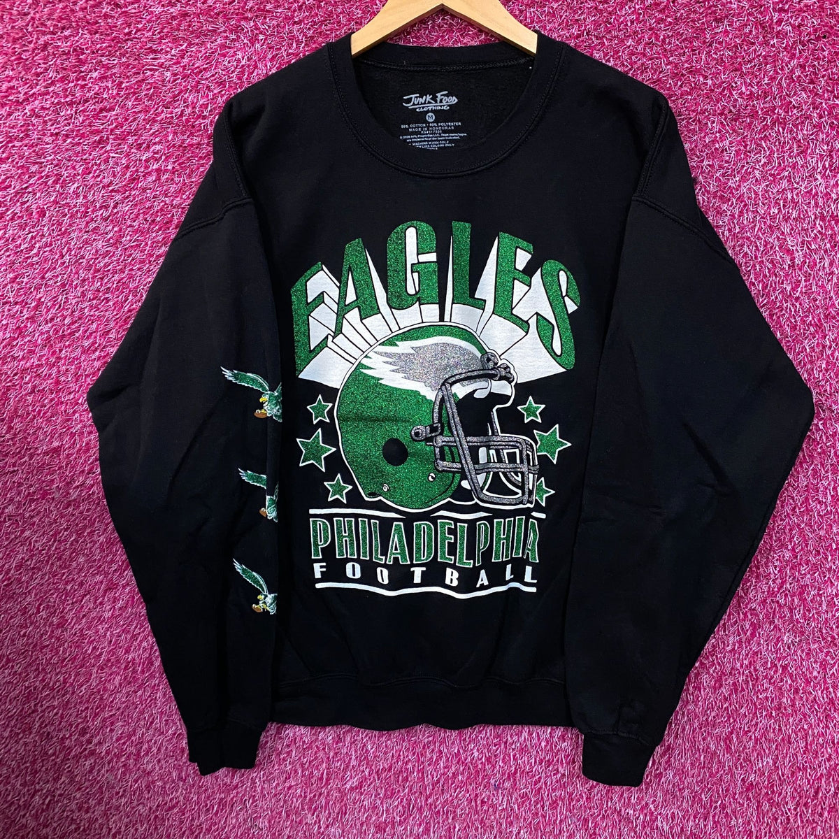 Junk Food Clothing Philadelphia Eagles Glitter Helmet Flea Market Crewneck Fleece Medium