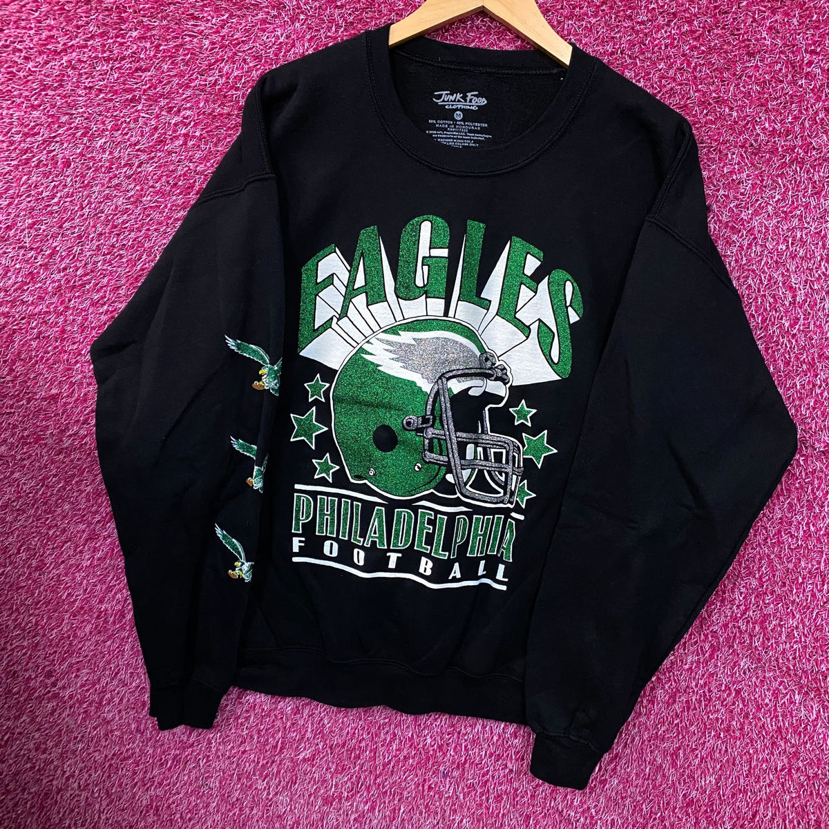 Junk Food Clothing Philadelphia Eagles Glitter Helmet Flea Market Crewneck Fleece Medium