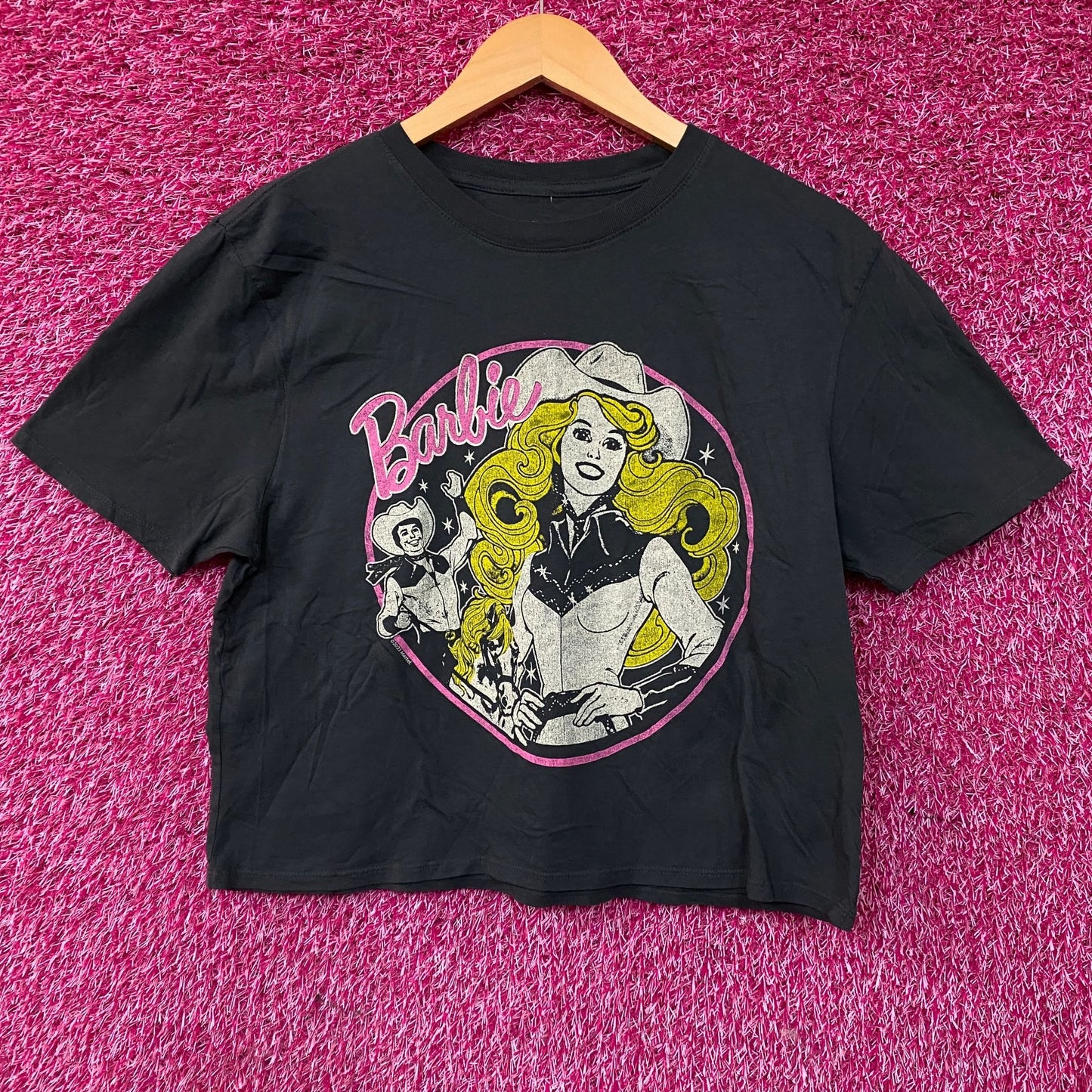 Junk Food Barbie Cowgirl Retro Graphic Women's Green Crop Tee Small