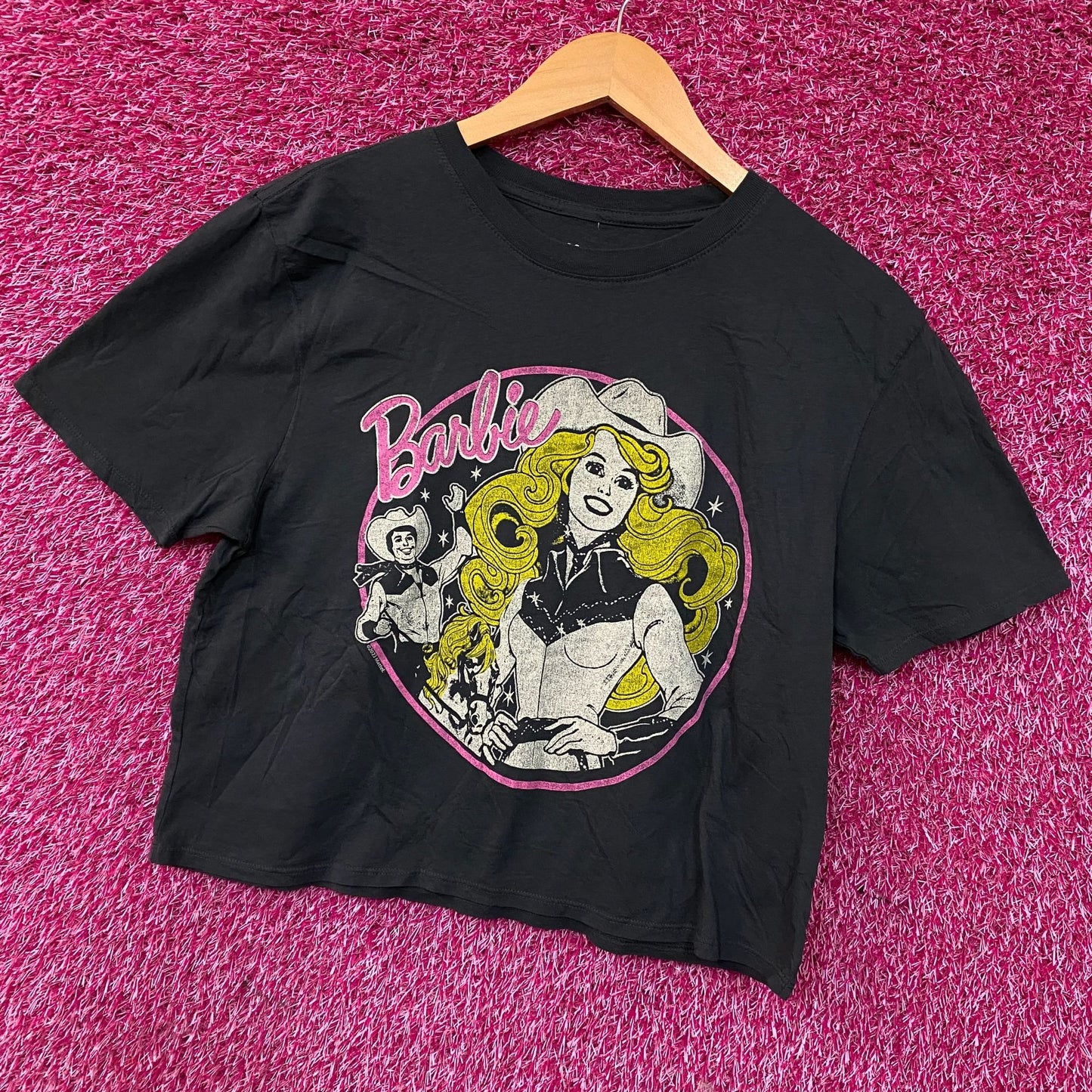 Junk Food Barbie Cowgirl Retro Graphic Women's Green Crop Tee Small