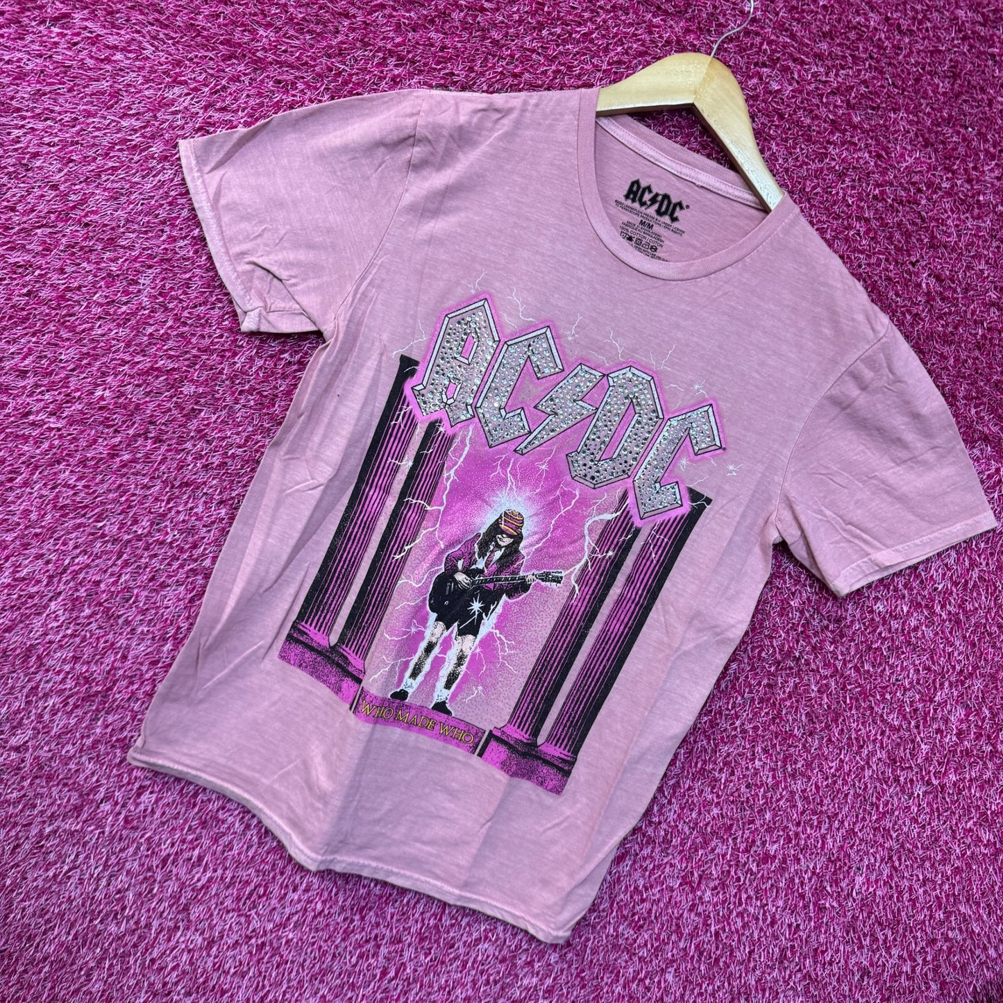 AC/DC Who Made Who Album Art Bedazzled Hard Rock Band Tee M