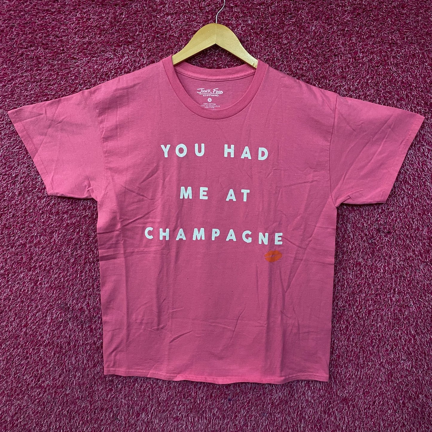 Junk Food Clothing "You Had Me at Champagne" Pink Graphic Tee Small