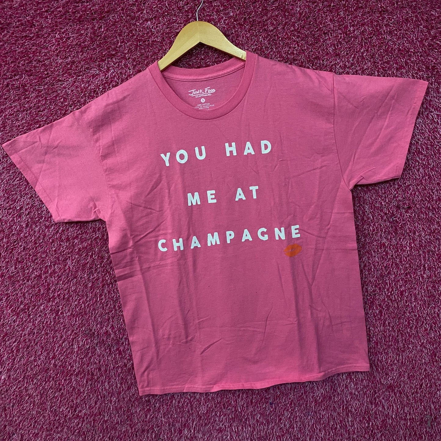 Junk Food Clothing "You Had Me at Champagne" Pink Graphic Tee Small