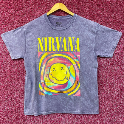 Nirvana Watercolor Smiley Face Acid Wash tshirt size large