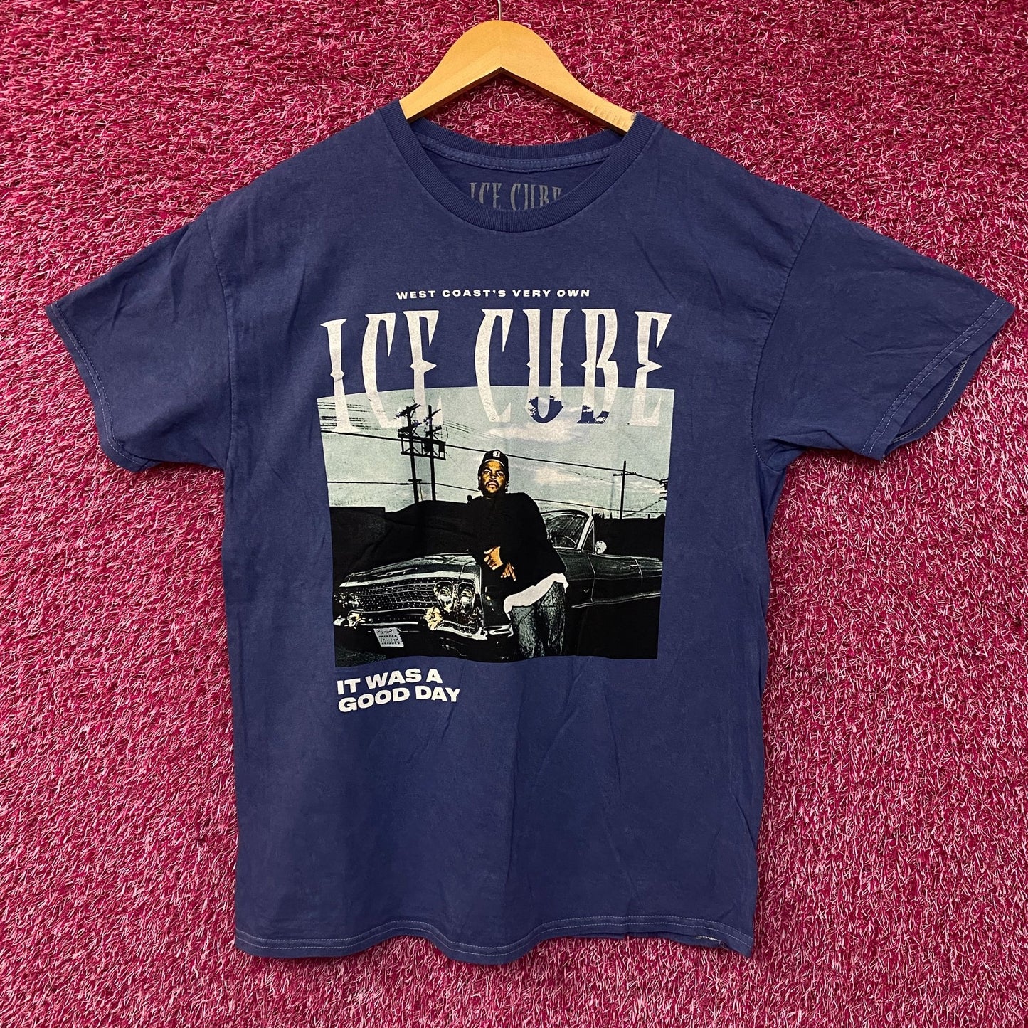 Ice Cube West Coast Good Day Portrait Acid Wash Blue Graphic T-Shirt Large