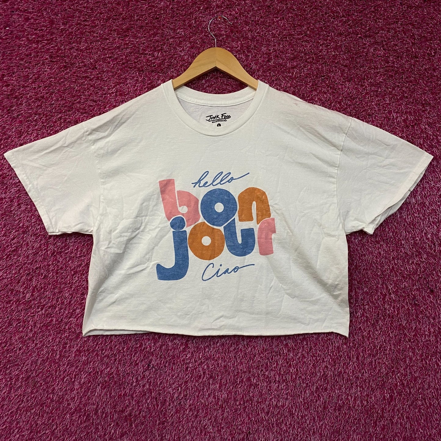 Junk Food Clothing Bonjour Ciao Crop Graphic Tee Large