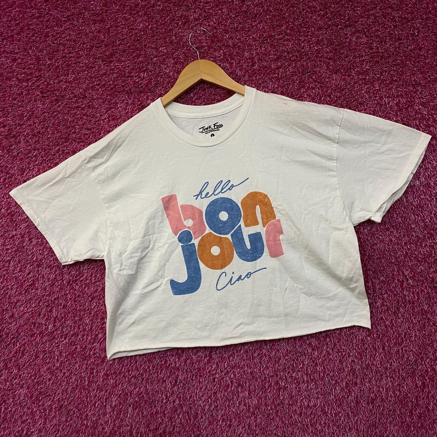 Junk Food Clothing Bonjour Ciao Crop Graphic Tee Large