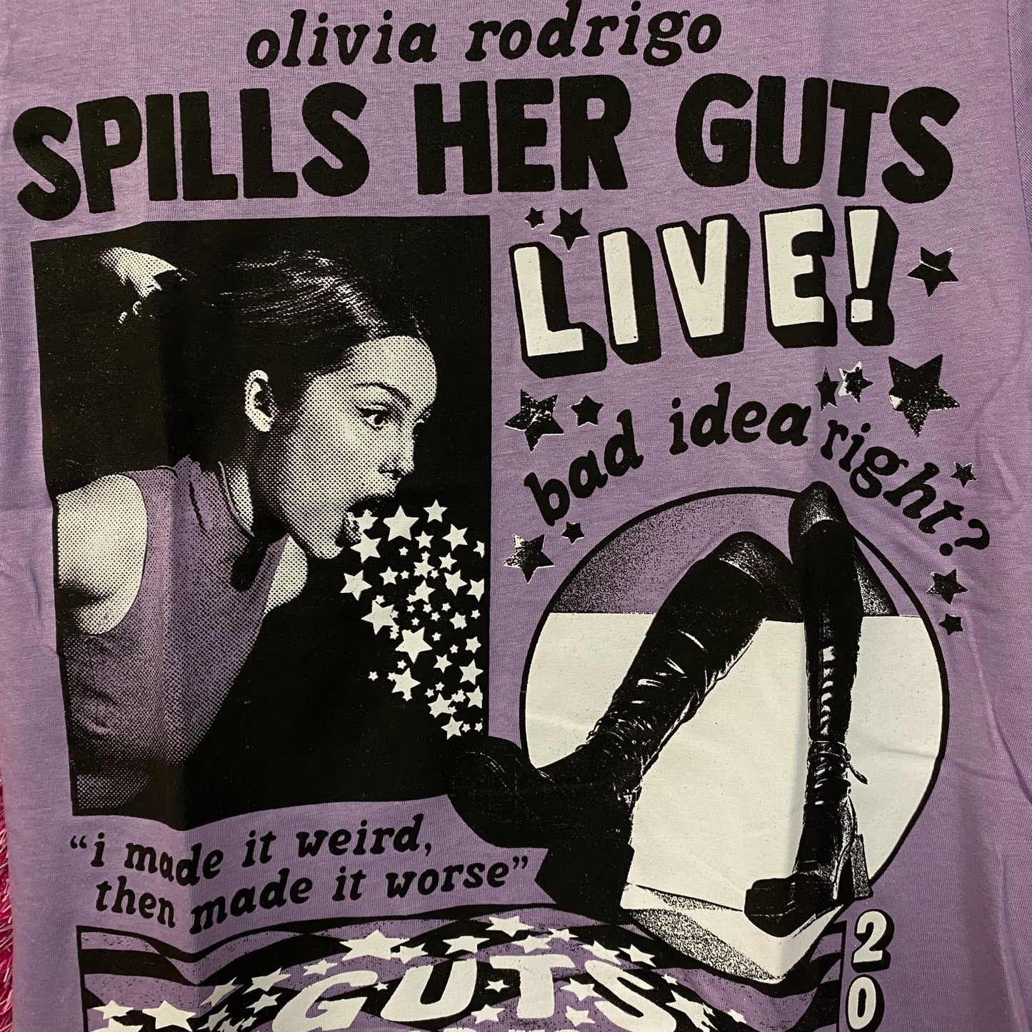 Olivia Rodrigo "Spills Her Guts LIVE!" Graphic T-shirt Small