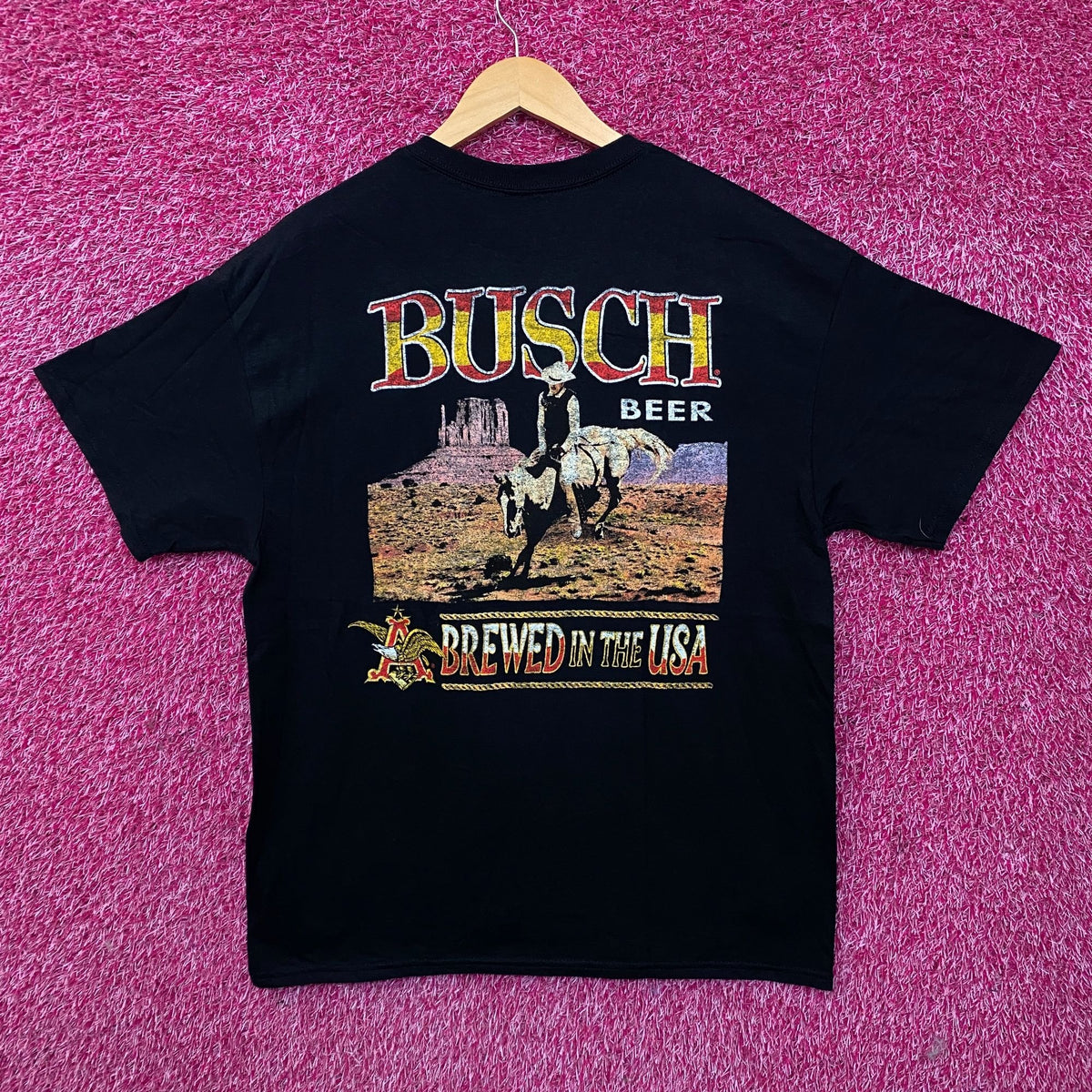 Busch Beer "Brewed in the USA" Cowboy Mustang Busting T-Shirt Large