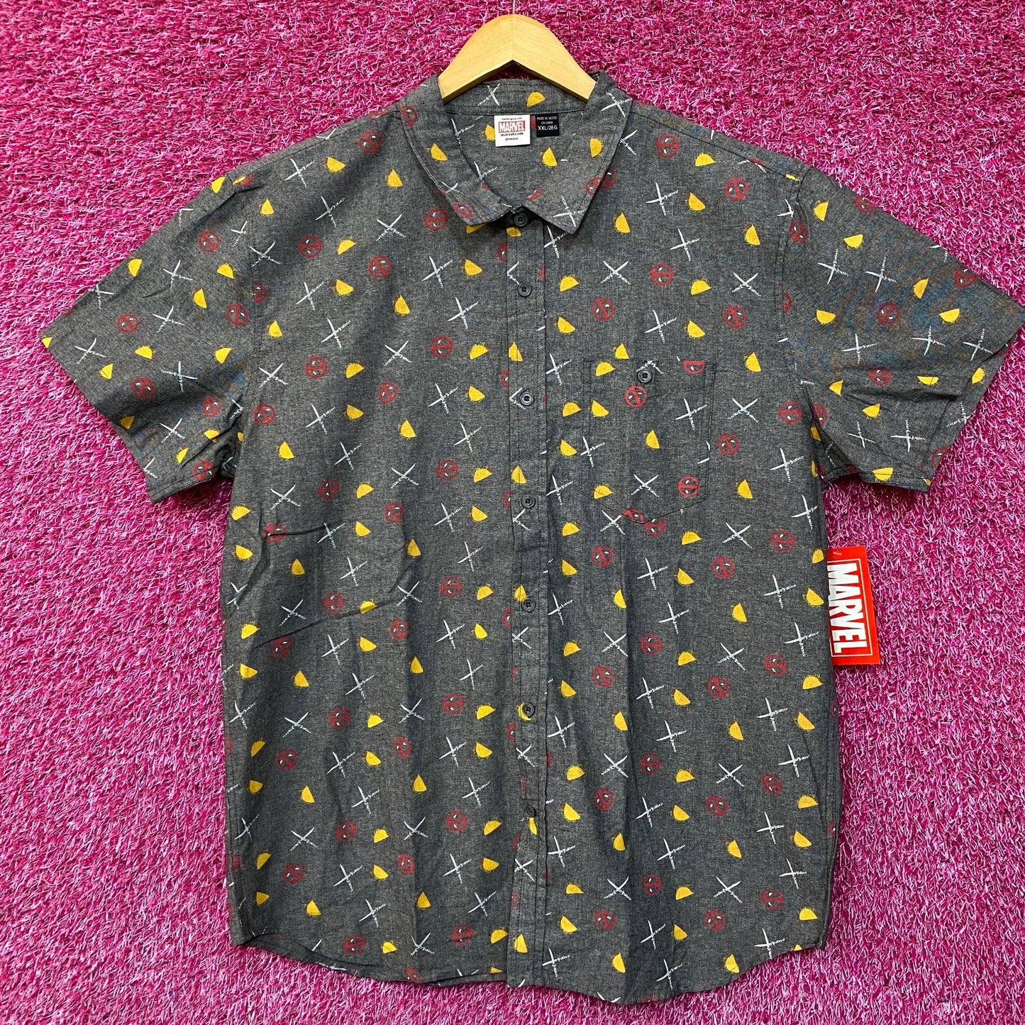 Marvel Deadpool Logo Dual Sided Button Up Shirt XXL