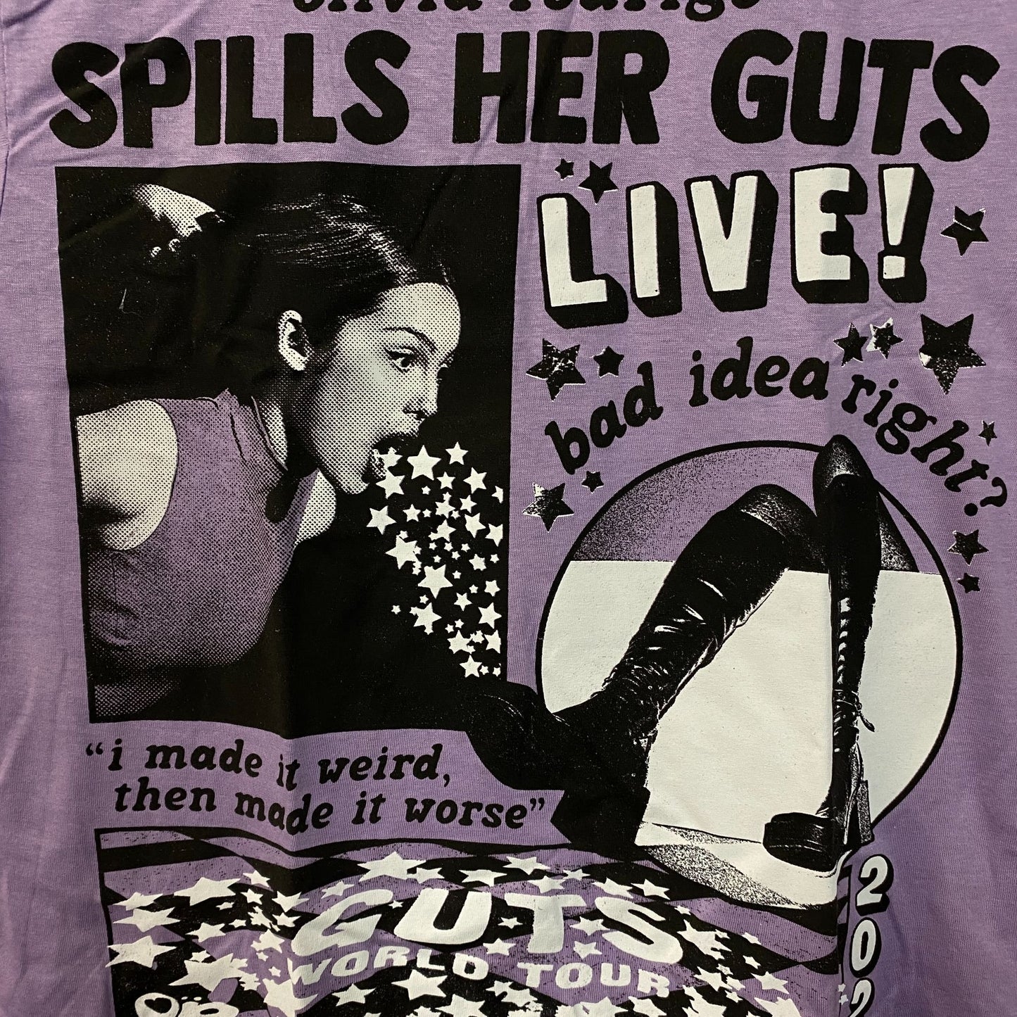 Olivia Rodrigo "Spills Her Guts LIVE!" Graphic T-shirt Medium
