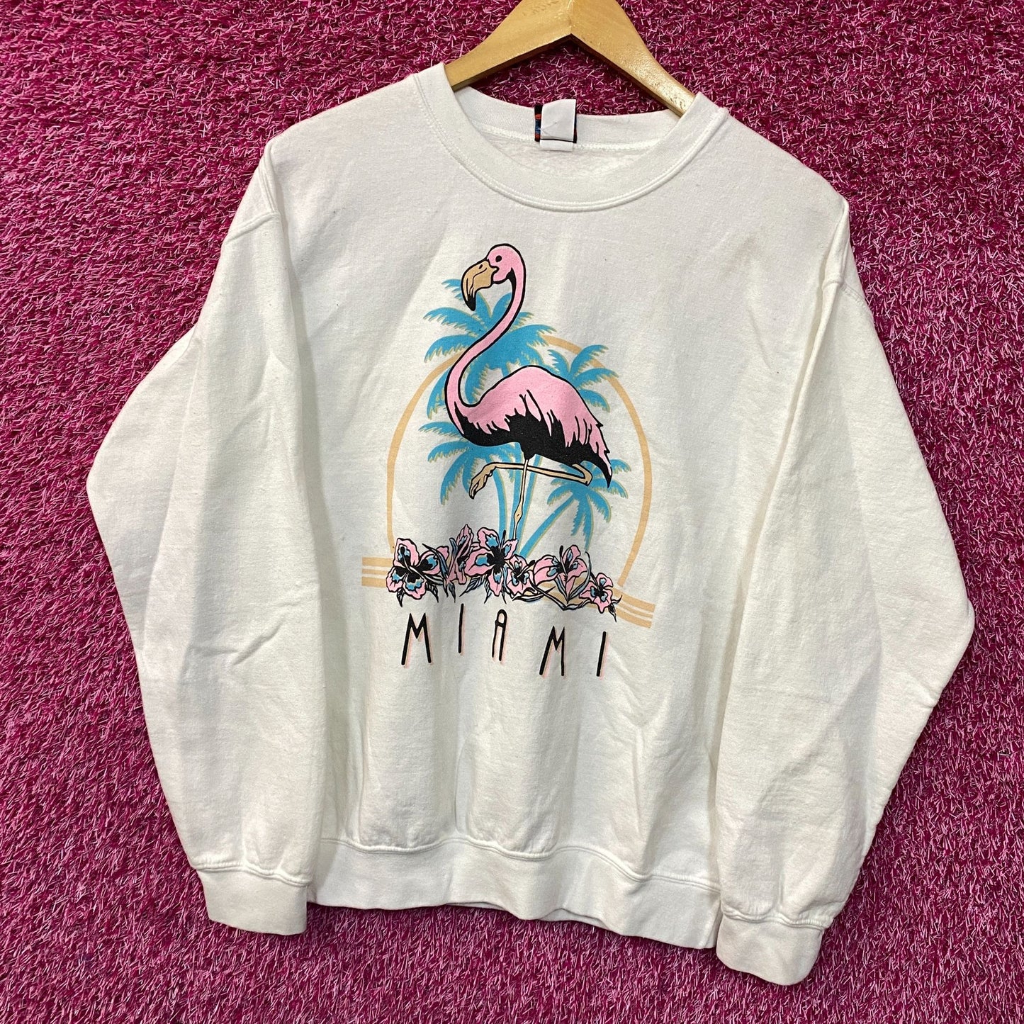 Miami Florida Pink Flamingo Crewneck Sweater Small