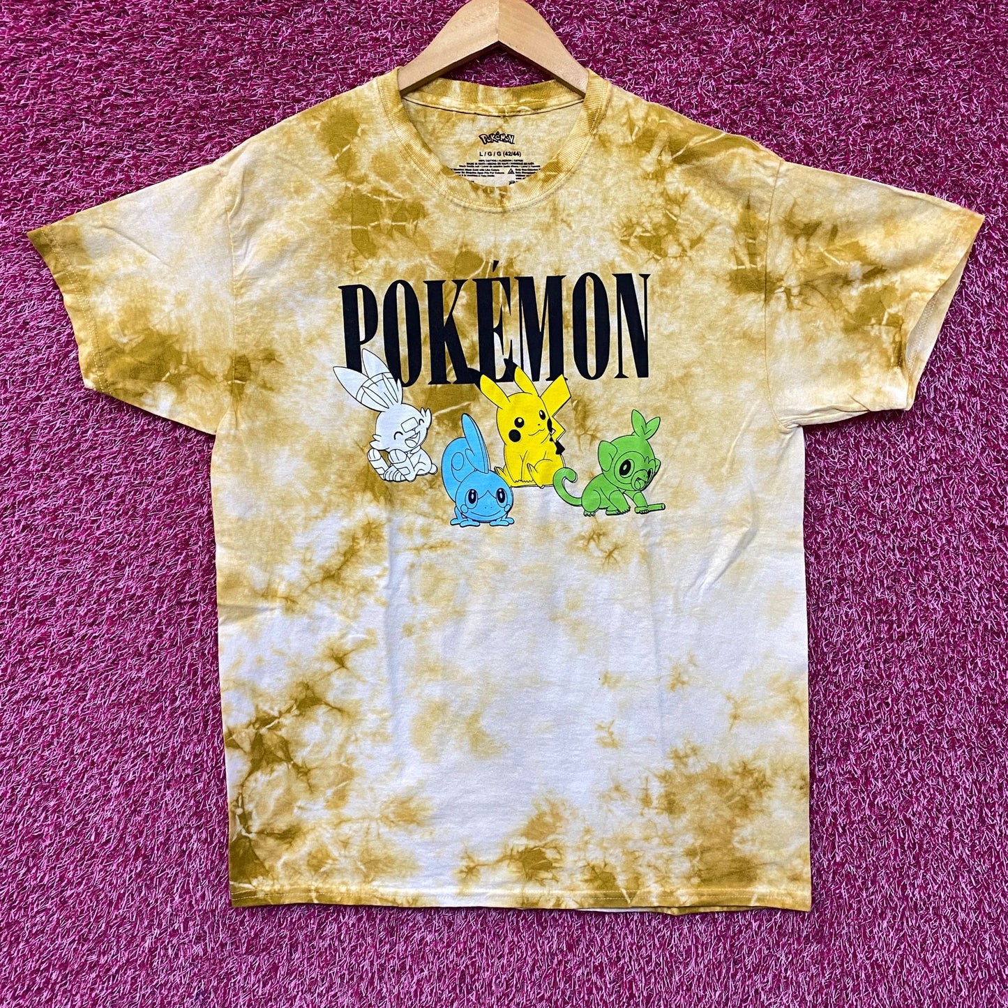 Pokemon Pikachu Grookey Scorbunny Sobble Gold Yellow Tie-Dye Shirt Large