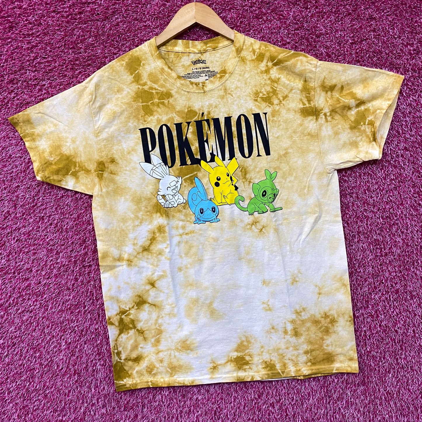 Pokemon Pikachu Grookey Scorbunny Sobble Gold Yellow Tie-Dye Shirt Large