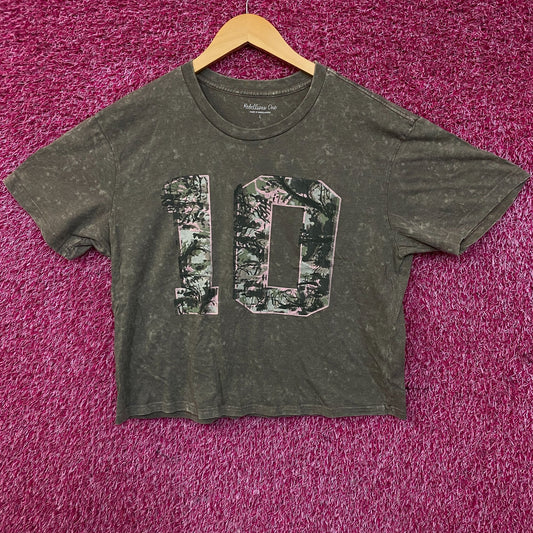 Rebellious One Grey Pink Camo Varsity Number 10 Mineral Wash Crop T-Shirt Large