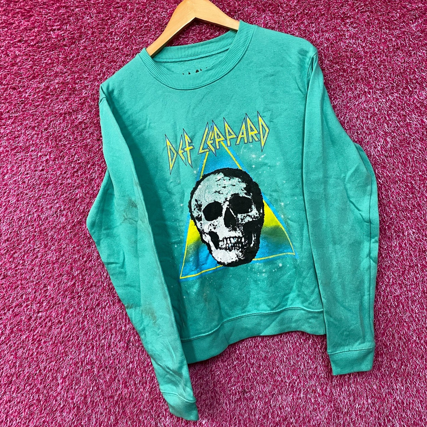 Def Leppard Retro Active Skull Crew Neck Teal Sweatshirt Small