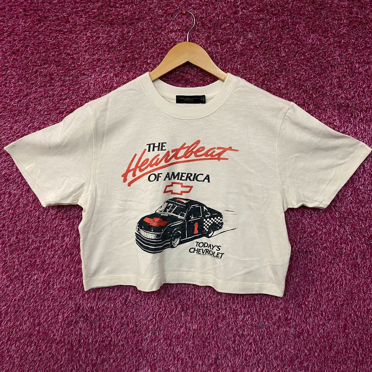 Junk Food Clothing Chevrolet "Heartbeat of America" Mock Neck Crop T-Shirt Medium