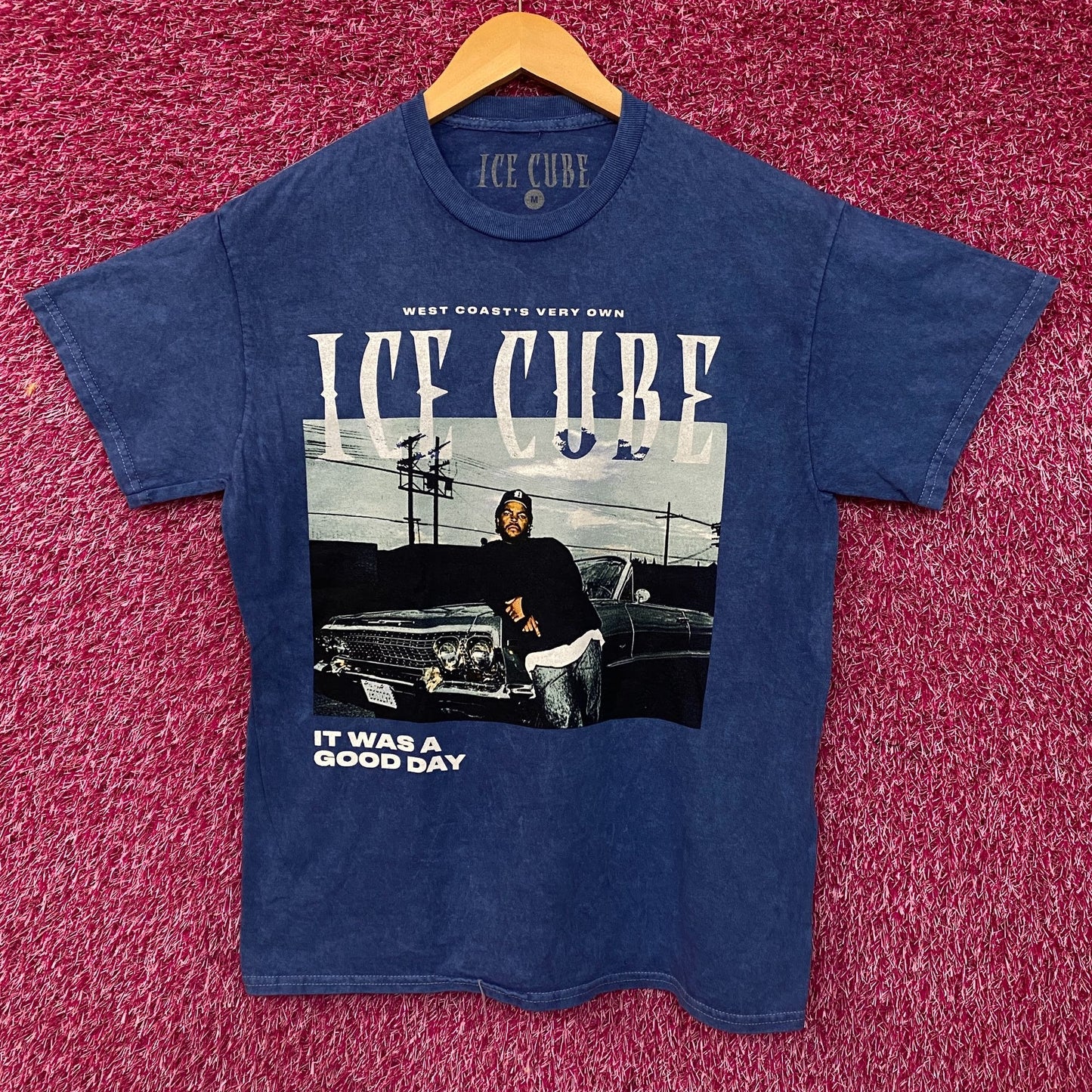 Ice Cube West Coast Good Day Portrait Acid Wash Blue Graphic T-Shirt Medium