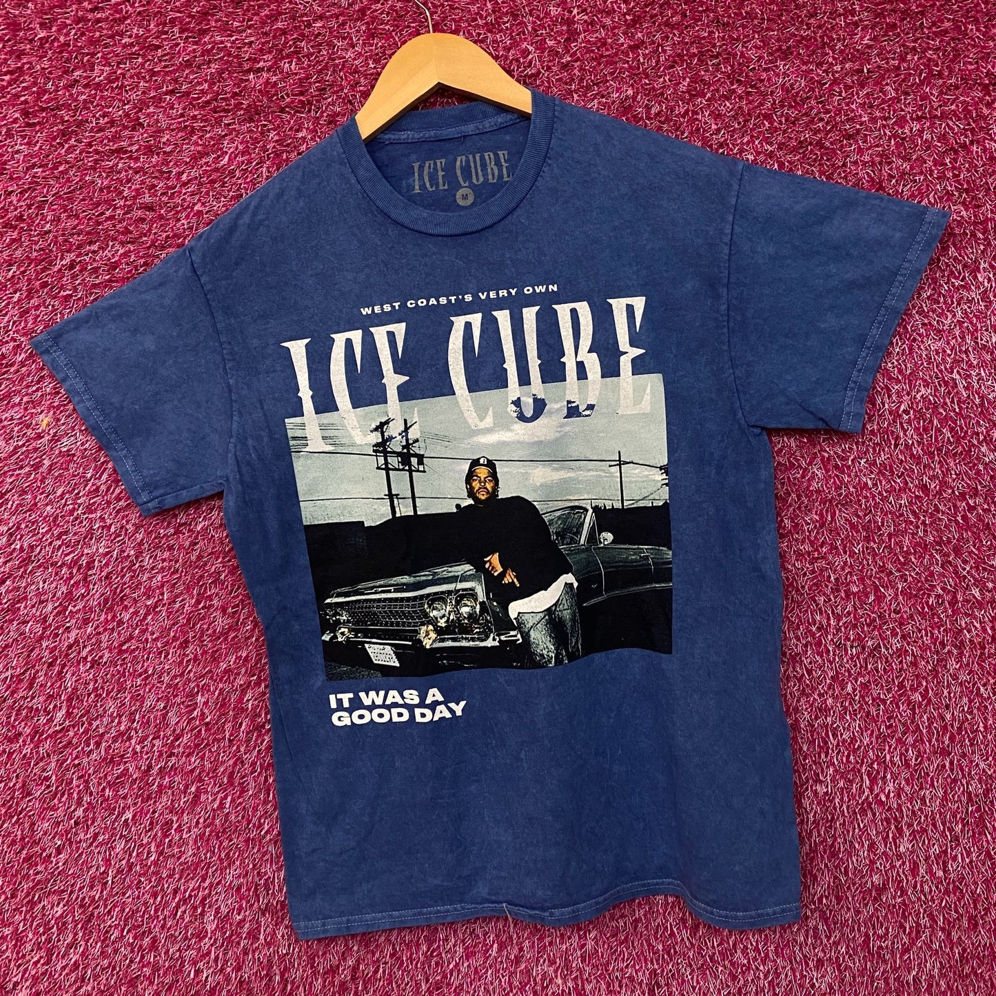 Ice Cube West Coast Good Day Portrait Acid Wash Blue Graphic T-Shirt Medium