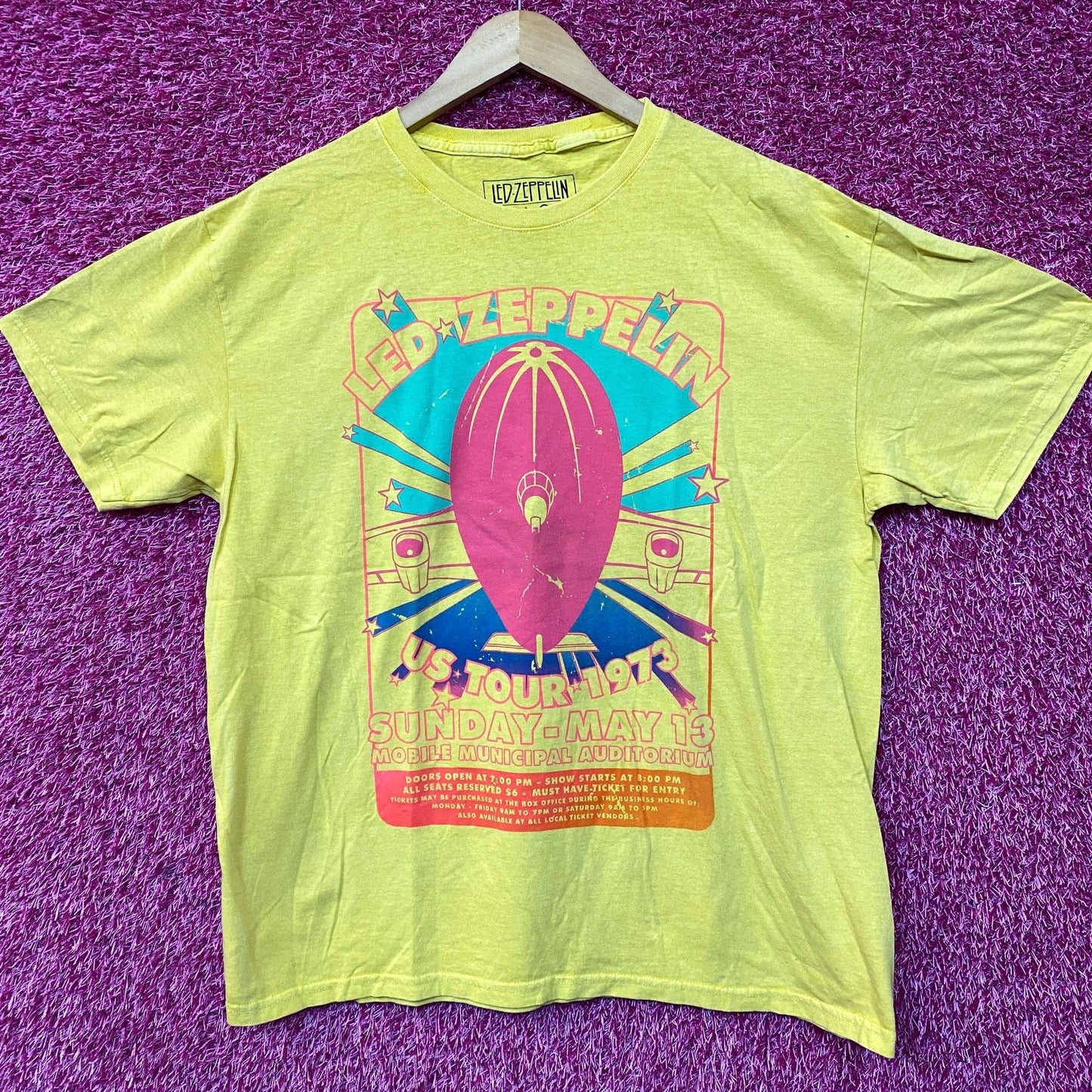 Led Zeppelin US Tour 1973 Rock Band Yellow T-Shirt Medium