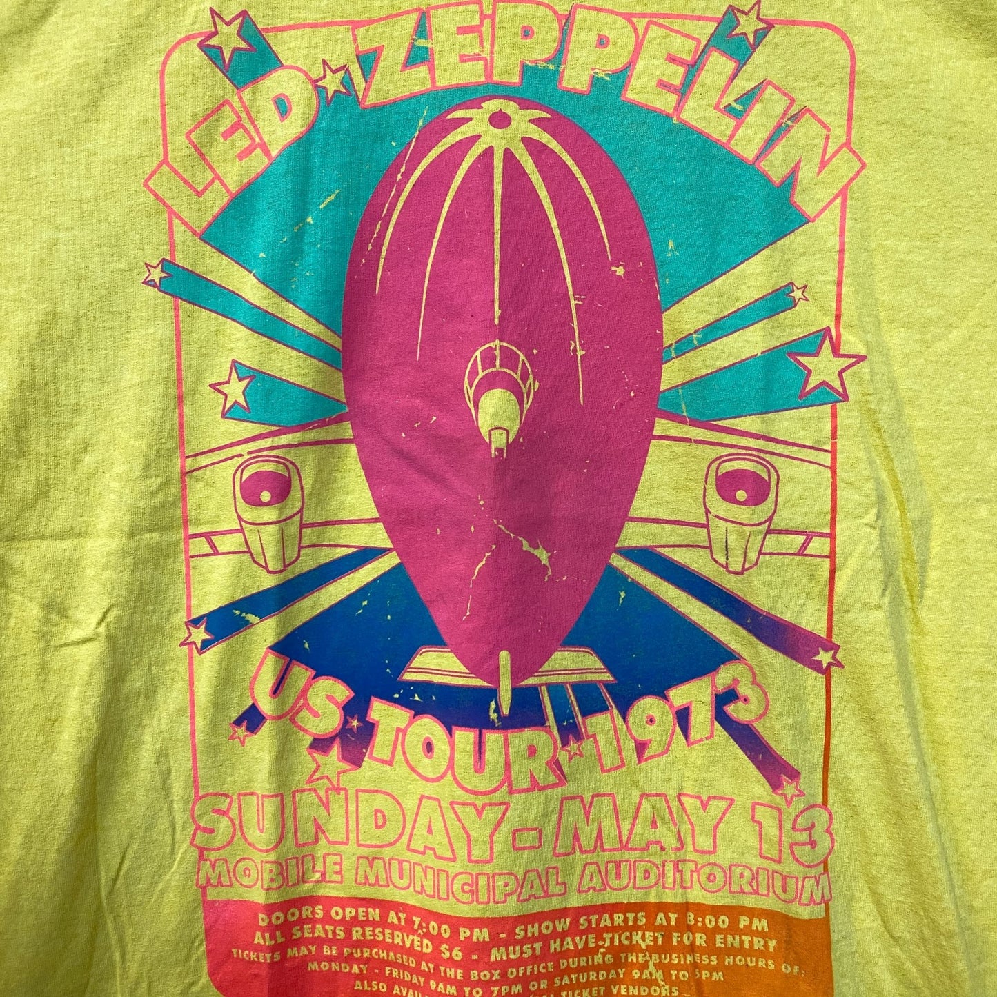 Led Zeppelin US Tour 1973 Rock Band Yellow T-Shirt Medium